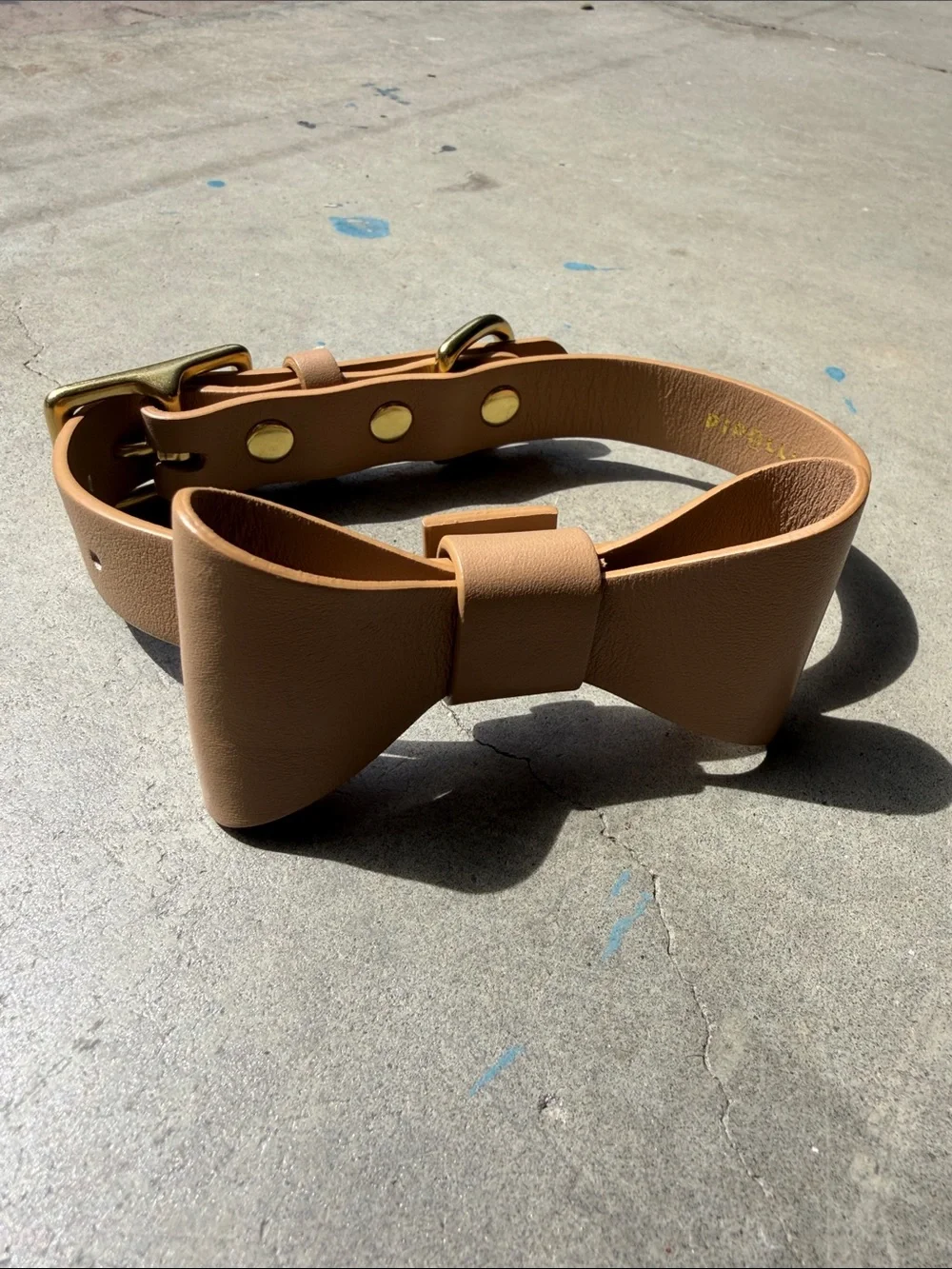 Tan Leather Bow Dog Collar with Gold Hardware - Designer Style